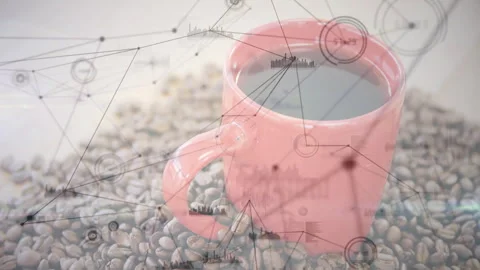 Pink ceramic mug showing data nodes floating over roasted coffee beans in Stock Footage 307444200