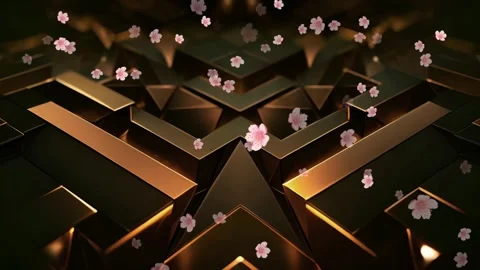 Pink cherry blossom petals falling over a dark metallic geometric 3D abstract Stock Footage 346139575