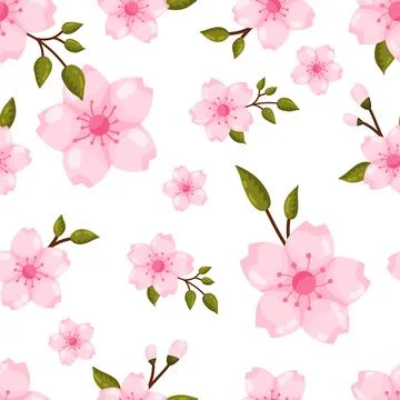 Pink Cherry Blossom Seamless Pattern White BG Illustrazione stock