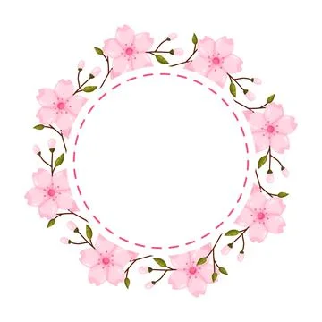 Pink Cherry Blossom Wreath Dashed Circle Frame 库存插图