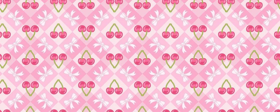 Pink Cherry Bow Seamless Pattern Retro Valentine Cute Girly Background Stock Illustration