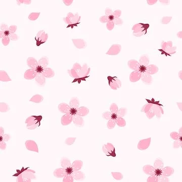Pink cherry tree flowers seamless pattern on soft pink background Stock Illustration