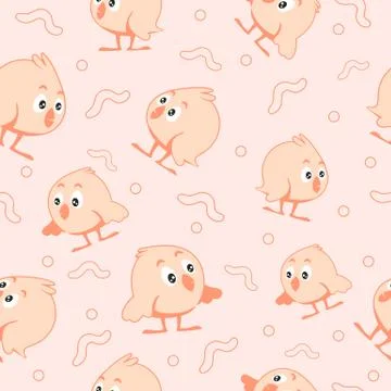 Pink chicken with worm seamless pattern. Little hen with tuft in surprise shows Illustrazione stock