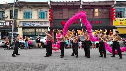Pink Chinese Dragon Dance Performance During Street Mooncake Festival Vidéo 345930198