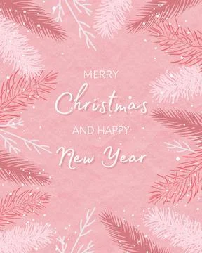 Pink christmas with pine tree design. Text merry Christmas and happy new year Stock Illustration