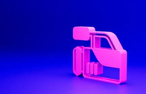 Pink Cinema camera icon isolated on blue background. Video camera. Movie sign Illustrazione stock