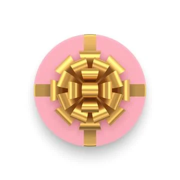 Pink circle elegant gift box with golden luxury bow ribbon top view 3d icon r Stock Illustration