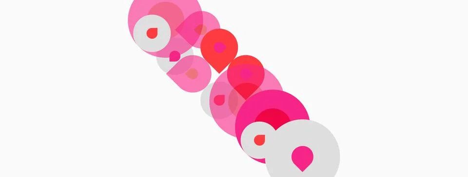 Pink circles overlap white background. Shapes create abstract composition, Illustrazione stock
