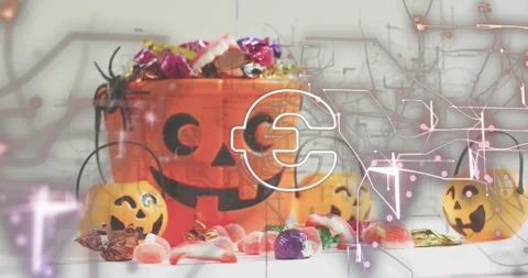 Pink circuit lines fading over jack-o'-lantern bucket, neon C shape rotating to Video stock 317791807