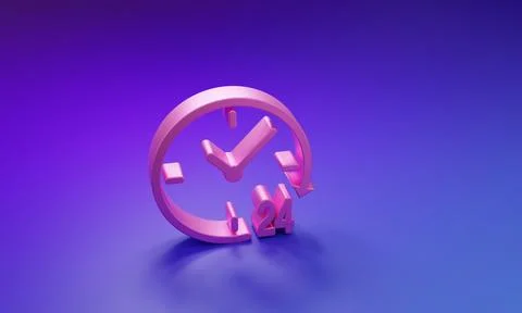 Pink Clock 24 hours icon isolated on purple-blue background. All day cyclic.. Illustrazione stock