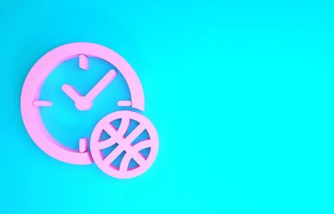 Pink Clock with basketball ball inside icon isolated on blue background. Bask Ilustración de archivo