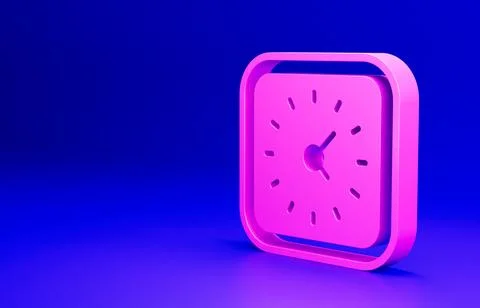 Pink Clock icon isolated on blue background. Time symbol. Minimalism concept. 3D Stock Illustration