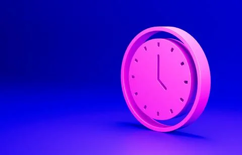 Pink Clock icon isolated on blue background. Time symbol. Minimalism concept. 3D Illustrazione stock