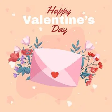 Pink closed envelop, red and pink flowers green leaves on beige backdrop. St Stock Illustration