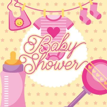 Pink clothes and rattle feeding bottle baby shower card Stock Illustration
