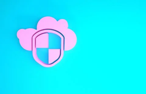 Pink Cloud and shield icon isolated on blue background. Cloud storage data pr Stock Illustration