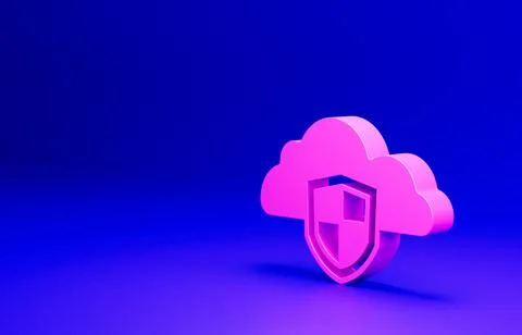 Pink Cloud and shield icon isolated on blue background. Cloud storage data Illustrazione stock