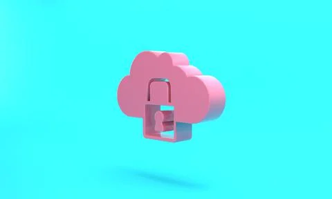 Pink Cloud computing lock icon isolated on turquoise blue background. Securit Illustrazione stock