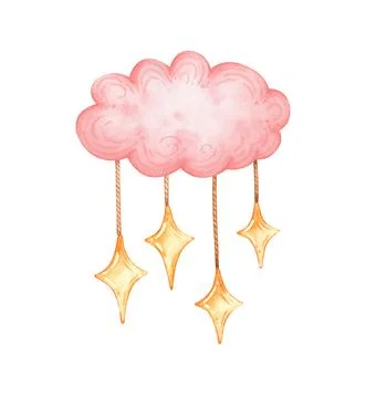 Pink cloud with hanging stars on strings Stock Illustration