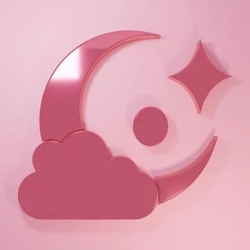 Pink Cloud with moon icon isolated on pink background. Cloudy night sign. S.. Ilustração Stock