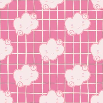 Pink cloud seamless pattern on stripes background. Doodle character sleeping  イラスト素材