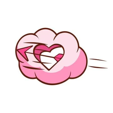 Pink cloud in the shape of heart pierced by an arrow. Colorful cartoon Stock Illustration