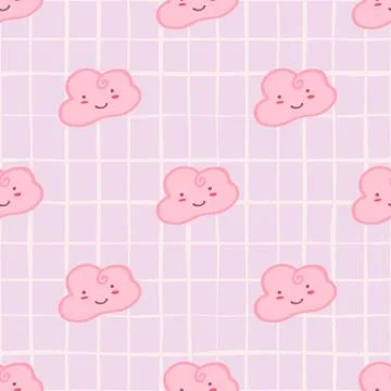 Pink cloud sky seamless pattern. Doodle character sleeping cloudy wallpaper. 库存插图