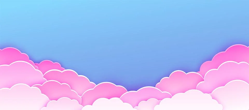 Pink cloud vector background. Fantasy clouds in realistic paper cut style on Illustrazione stock