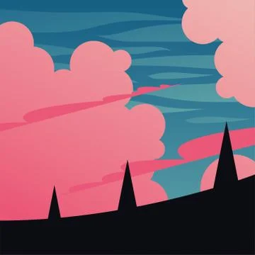 Pink clouds over pine trees silhouette vector design 库存插图