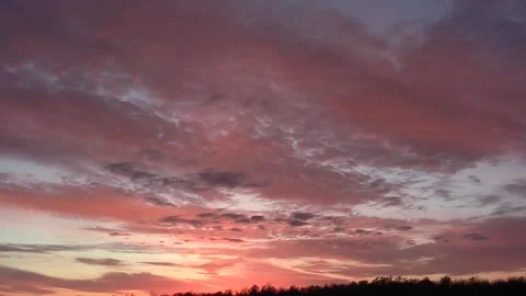 Pink clouds in pastel evening sky, tilts down to water low Video stock 292815239