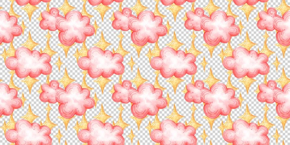 Pink clouds stars seamless pattern watercolor Stock Illustration