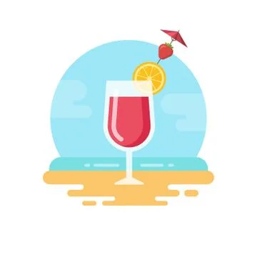 Pink cocktail with lemon slice and strawberry on the beach flat icon Stock Illustration