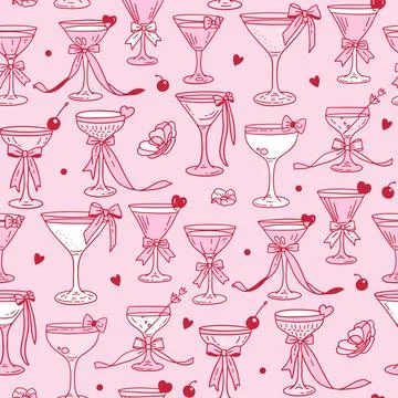 Pink Cocktails Seamless Pattern With Bowtie Accents. Coquette hand drawn vector Stock Illustration