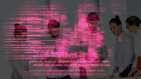 Pink code drifting, revealing business team using tablet, smartphone and Stock Footage 318194612