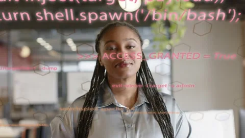 Pink code overlay appearing, woman tech presenter smiling, presenting, code Stock Footage 333803582