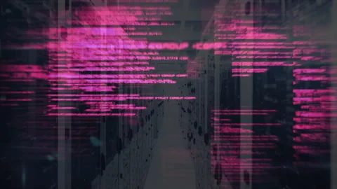 Pink coding text animation over dark server room background, technology concept Stock Footage 304101959