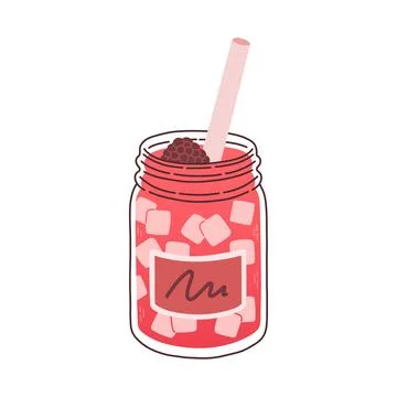 A pink cold drink with lots of ice cubes in a clear cup with pink straw. Fresh Stock Illustration
