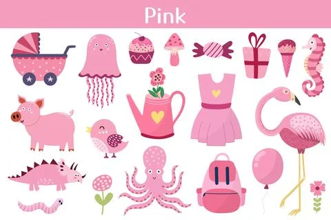 Pink color objects set. Learning colors for kids. Cute elements collection Stock Illustration