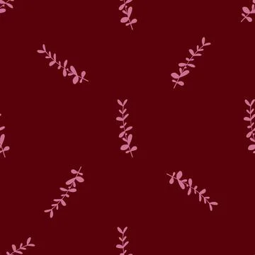 Pink colored eucalyptus elements seamless hand drawn pattern. Maroon backgrou 스톡 일러스트