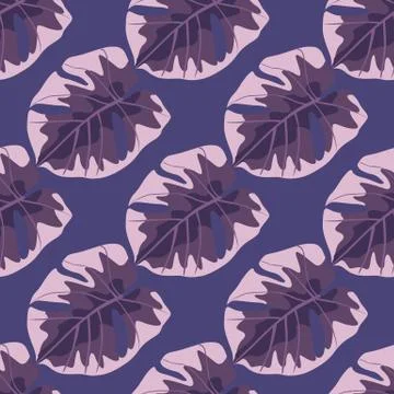 Pink colored monstera elements seamless pattern. Purple tones background. Sim Illustrazione stock