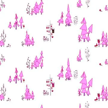 Pink colored pastel seamless pattern. Fairy forest with owls and monsters. On Stock Illustration