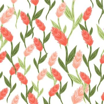Pink colored random ear of wheat elements shapes seamless pattern, Isolated b Stock Illustration