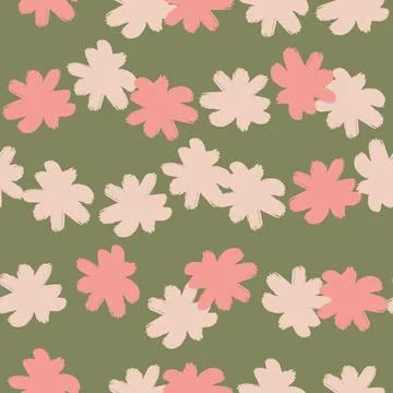 Pink colored random flower bud elements seamless doodle pattern. Pale olive g Illustrazione stock