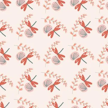 Pink-colored seamless pattern with twigs, blowballs and damseldlyes. Stock Illustration