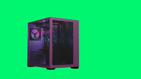 Pink computer case with 4 spectacular Fans and RGB Lighting isolated on white ba Vídeos de archivo 252328504