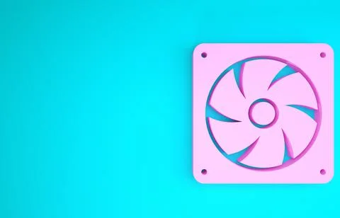 Pink Computer cooler icon isolated on blue background. PC hardware fan. Minim Stock Illustration