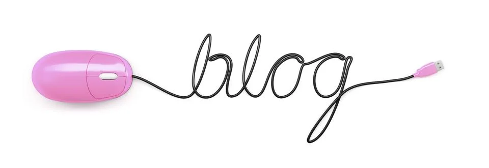 A pink computer mouse and the word blog formed by the cable Stock Illustration
