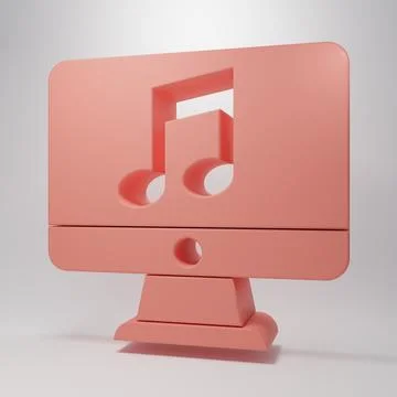 Pink Computer with music note symbol on screen icon isolated on pink backgr.. Stock Illustration