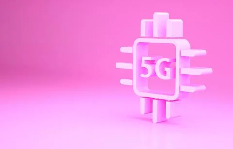 Pink Computer processor 5G with microcircuits CPU icon isolated on pink backg Illustrazione stock