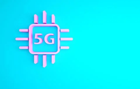 Pink Computer processor 5G with microcircuits CPU icon isolated on blue backg Illustrazione stock